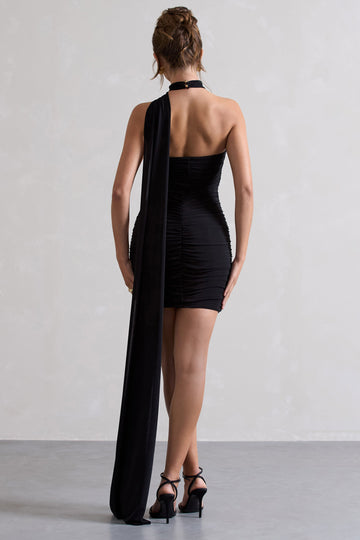 Abel Black Ruched One Shoulder Mini Dress With Scarf